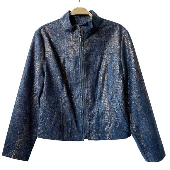 Linear Y2K Snakeskin Crop Jacket Women PM Metallic Blue Gray Edgy Crackled Glam - Picture 2 of 10